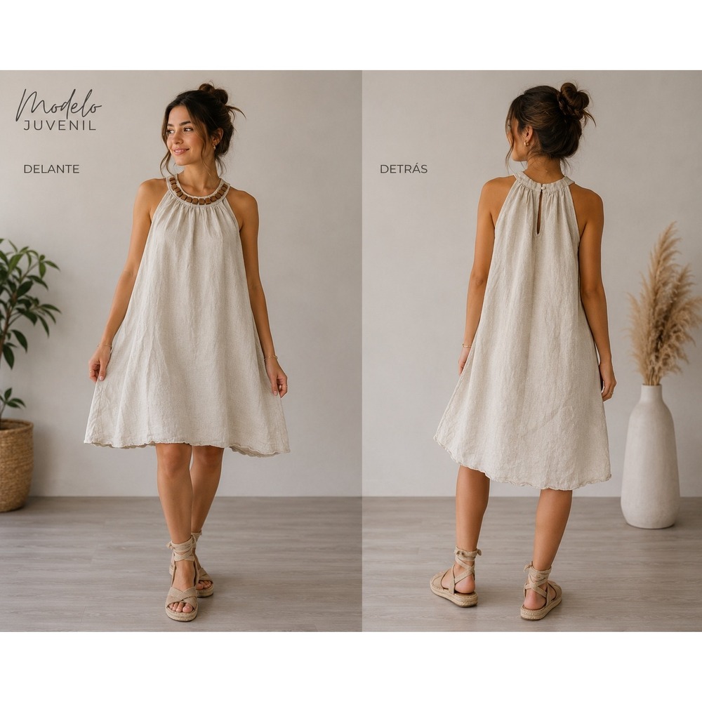 Mlle Gabrielle Women Dress Beige Linen Blend Halter Wood Bead Neckline Womens S
